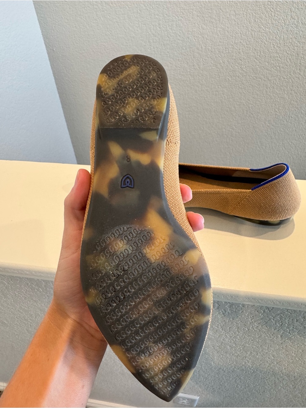 Rothy's Camel Brown Pointed Toe Flats with Blue Trim - Picture 4 of 7